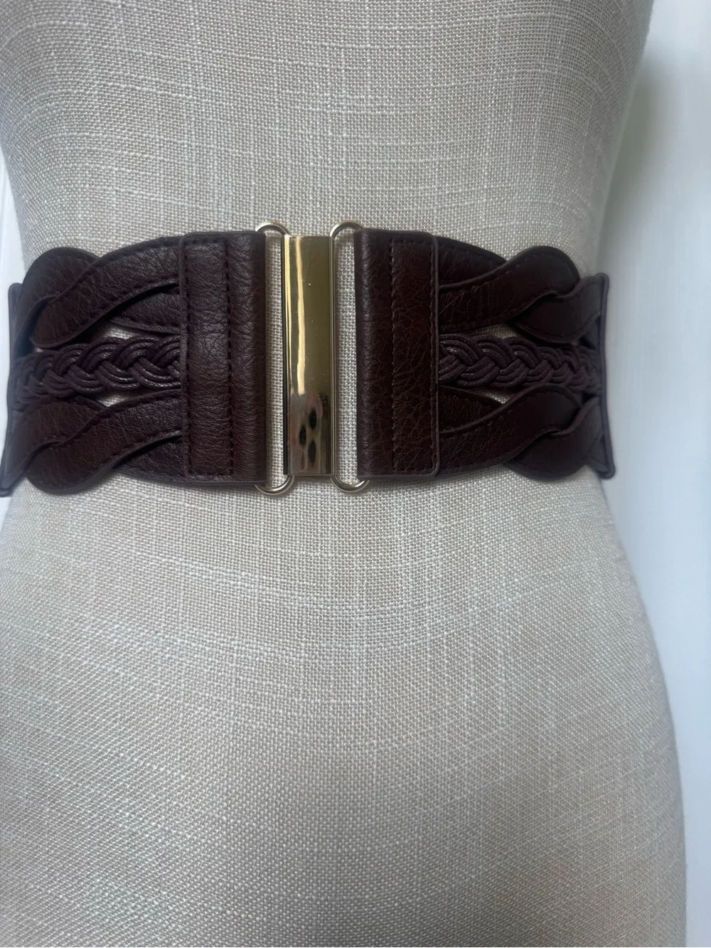 Brown Braided Stretch Waist Belt Gold Tone Buckle Wide 3